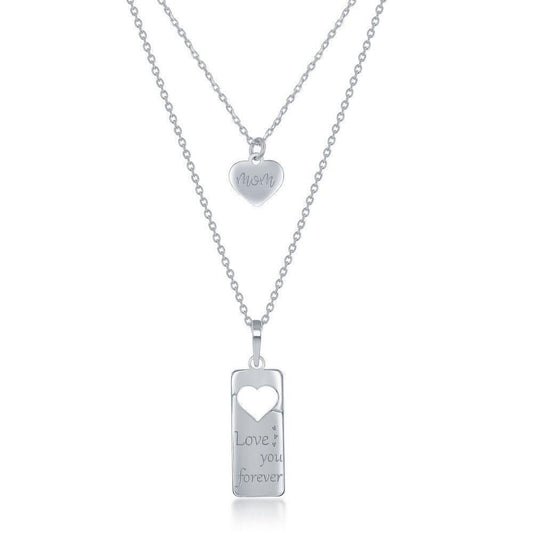 Sterling Silver 2PC Tag Heart Necklace Set - 16+2 Inch Love You Forever' Tag & 14+2Mom Heart - Johnny Dang & Co