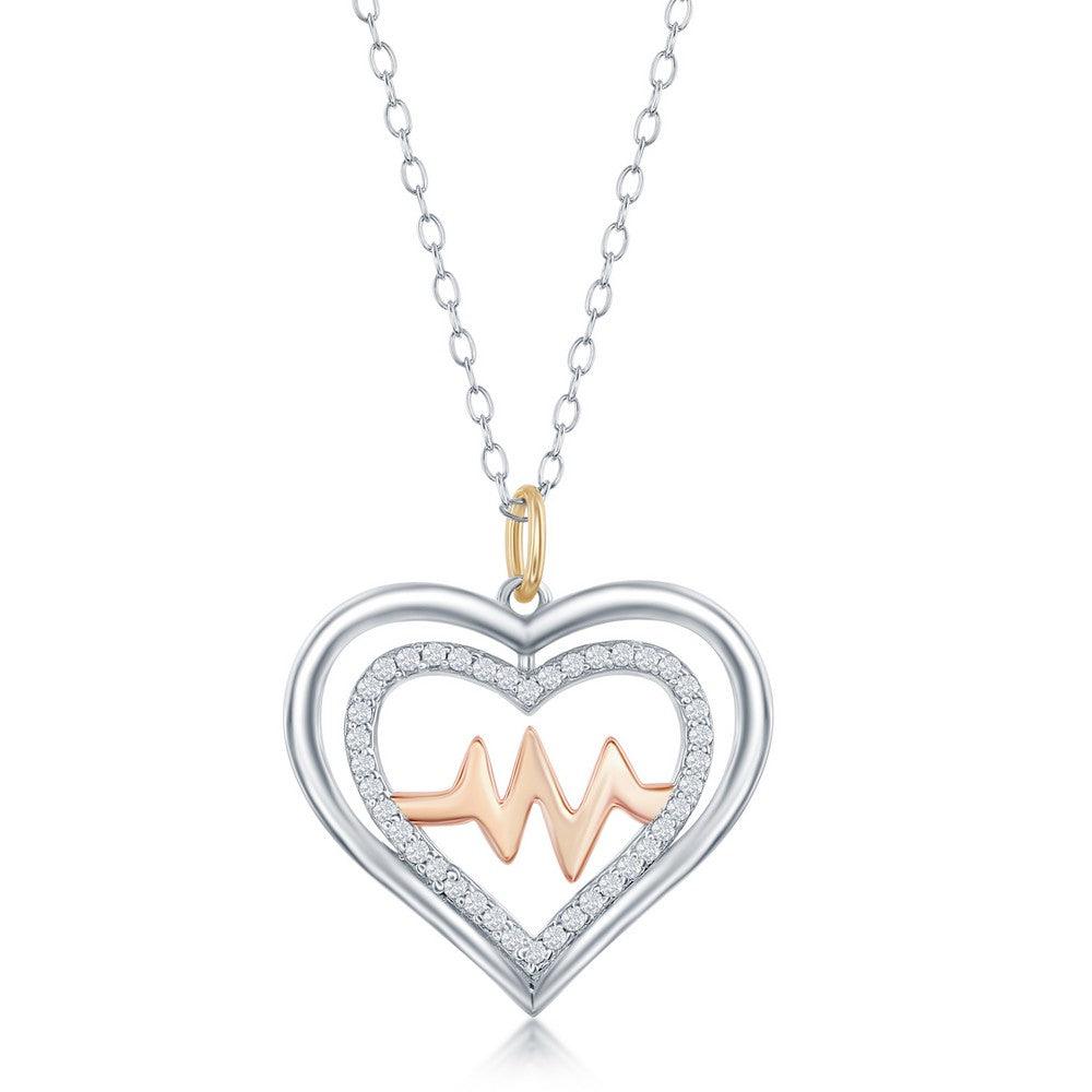 Sterling Silver Shiny and CZ Open Heart & Center RG Heartbeat Necklace - Johnny Dang & Co