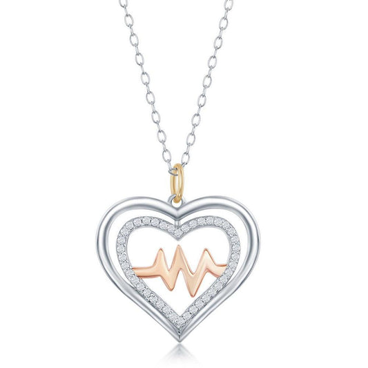 Sterling Silver Shiny and CZ Open Heart & Center RG Heartbeat Necklace - Johnny Dang & Co