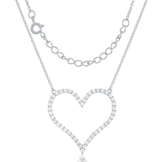 Sterling Silver Large Open CZ Heart Necklace - Johnny Dang & Co