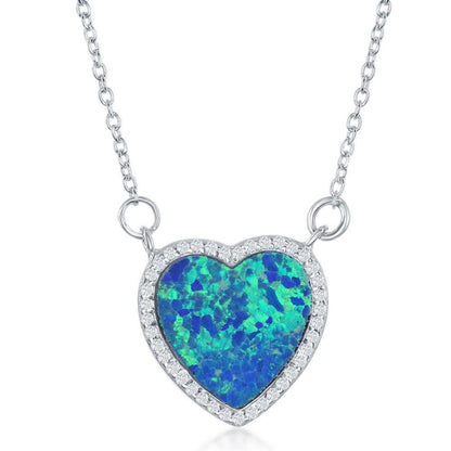 Sterling Silver Inlay Opal Heart with CZ Border Necklace - Johnny Dang & Co
