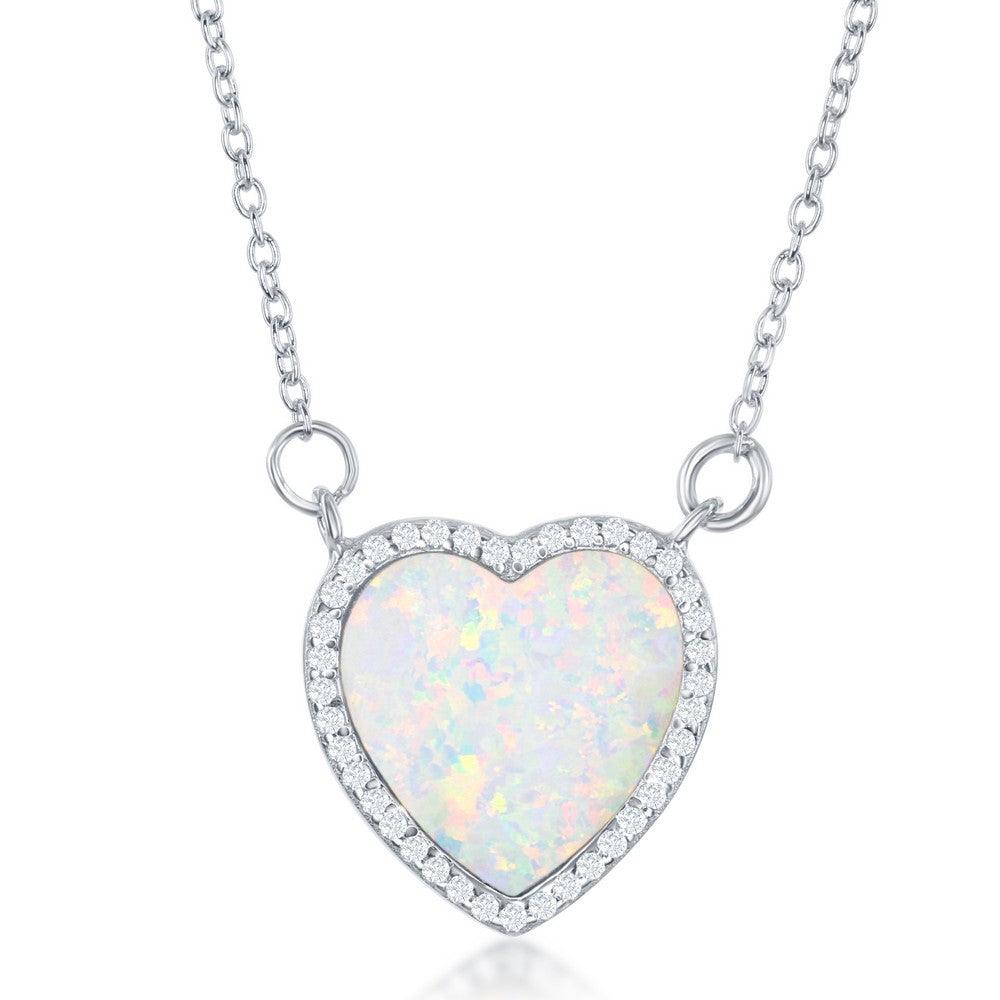 Sterling Silver Inlay Opal Heart with CZ Border Necklace - Johnny Dang & Co