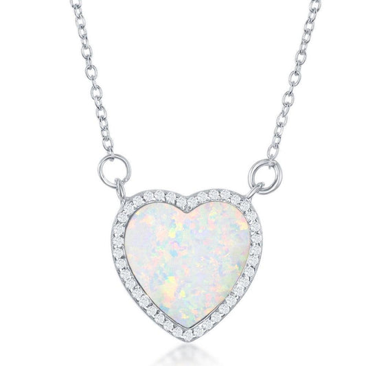 Sterling Silver Inlay Opal Heart with CZ Border Necklace - Johnny Dang & Co