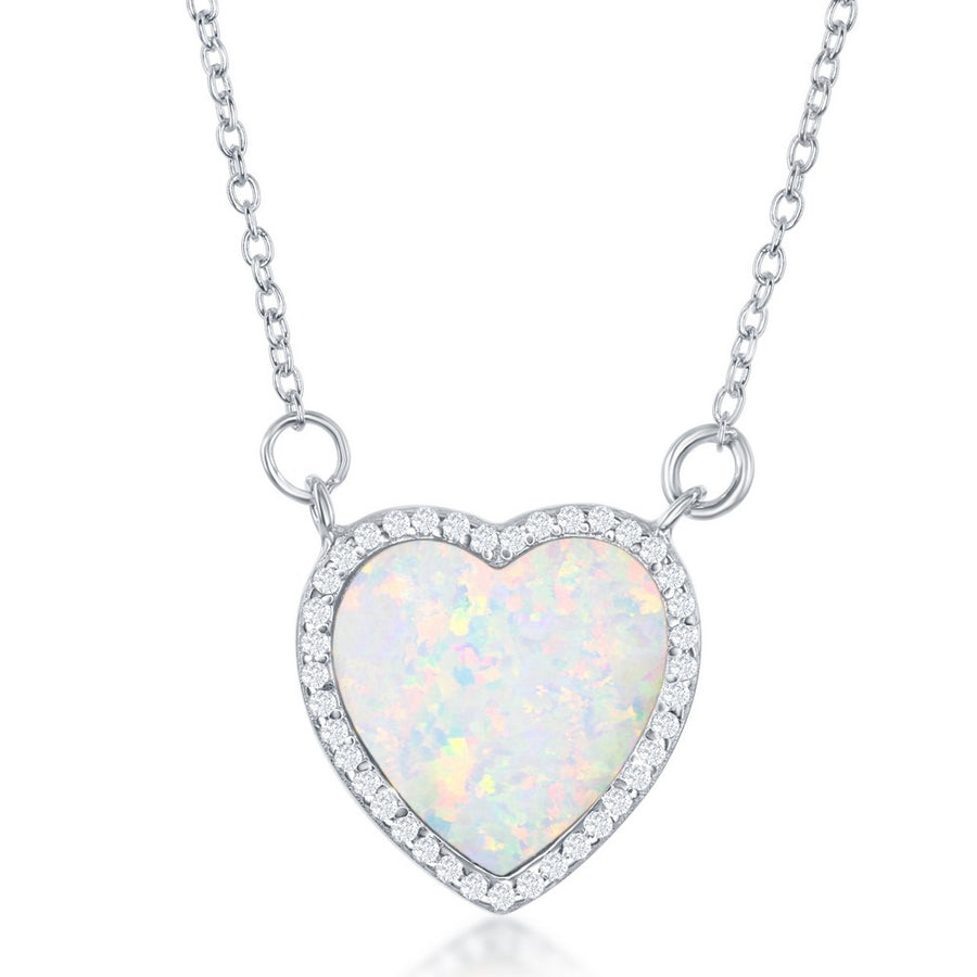 Sterling Silver Inlay Opal Heart with CZ Border Necklace