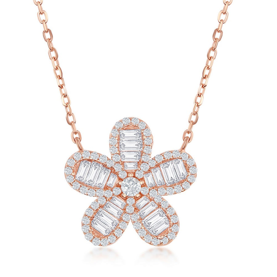 Sterling Silver Baguette CZ Flower Necklace - Rose Gold Plated
