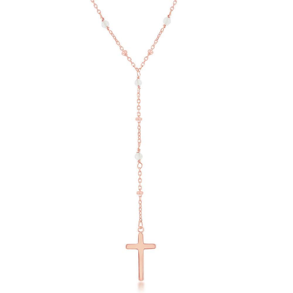 Sterling Silver Rose Quartz & Plain Beads by the Yard Cross Rosary Necklace - Rose Gold Plated - Johnny Dang & Co