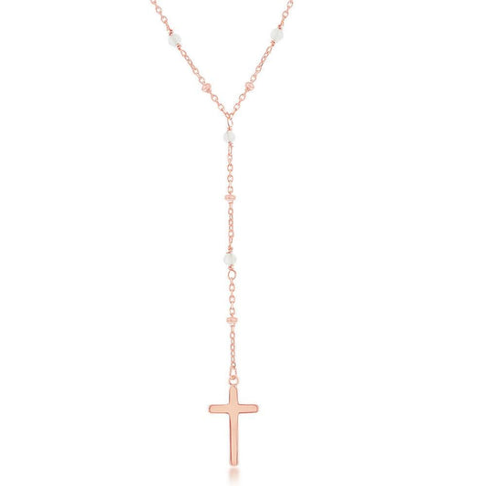 Sterling Silver Rose Quartz & Plain Beads by the Yard Cross Rosary Necklace - Rose Gold Plated - Johnny Dang & Co