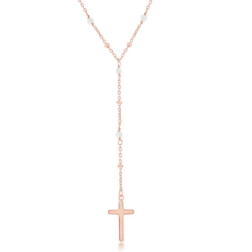 Sterling Silver Rose Quartz & Plain Beads by the Yard Cross Rosary Necklace - Rose Gold Plated
