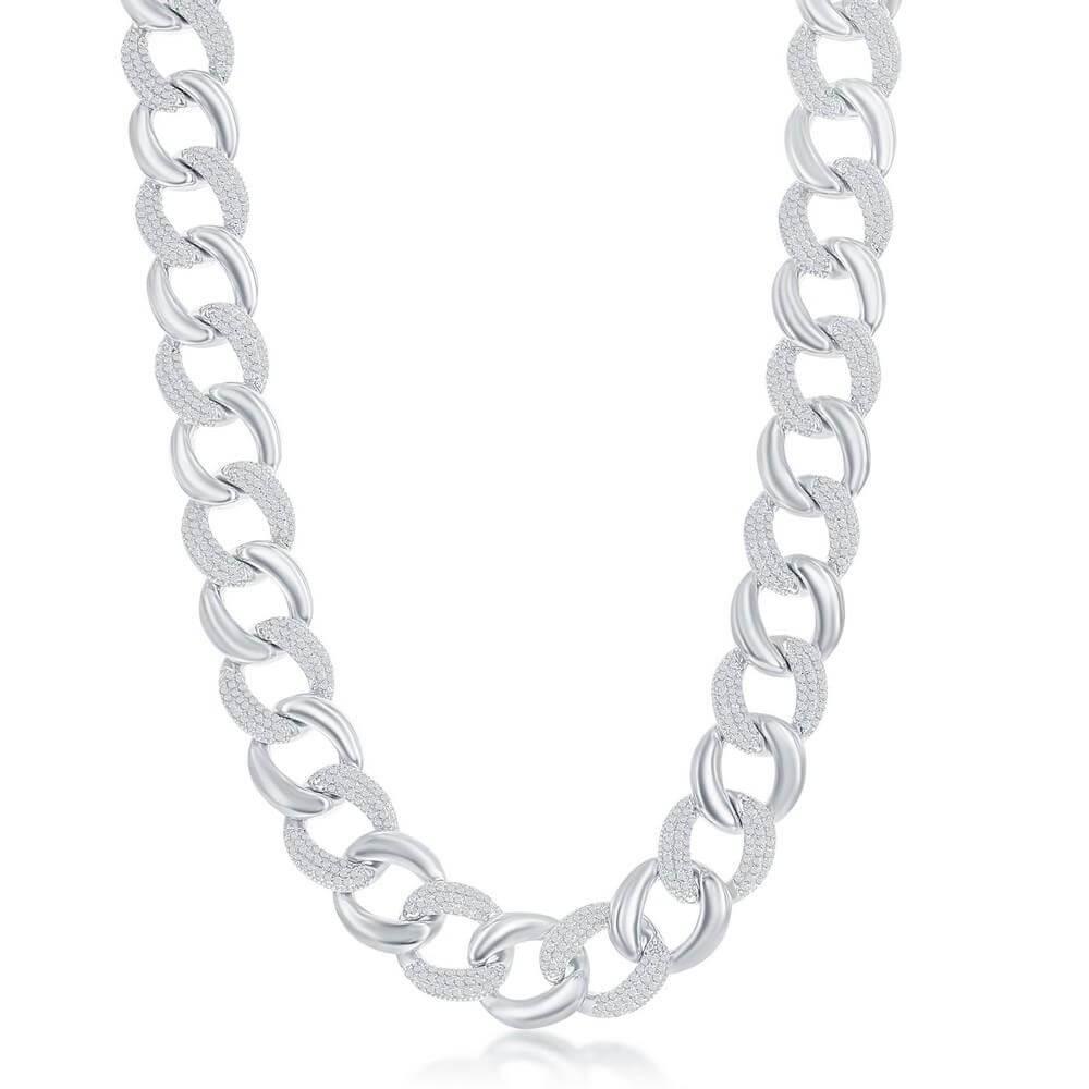 Sterling Silver Alternating Polished & Micro Pave CZ Solid Link Chain - Johnny Dang & Co