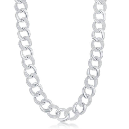 Sterling Silver Alternating Polished & Micro Pave CZ Solid Link Chain - Johnny Dang & Co