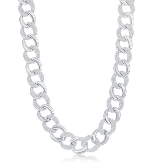 Sterling Silver Alternating Polished & Micro Pave CZ Solid Link Chain - Johnny Dang & Co