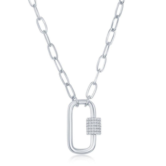 Sterling Silver Micro Pave CZ Oval Carabiner Paperclip Necklace - Johnny Dang & Co