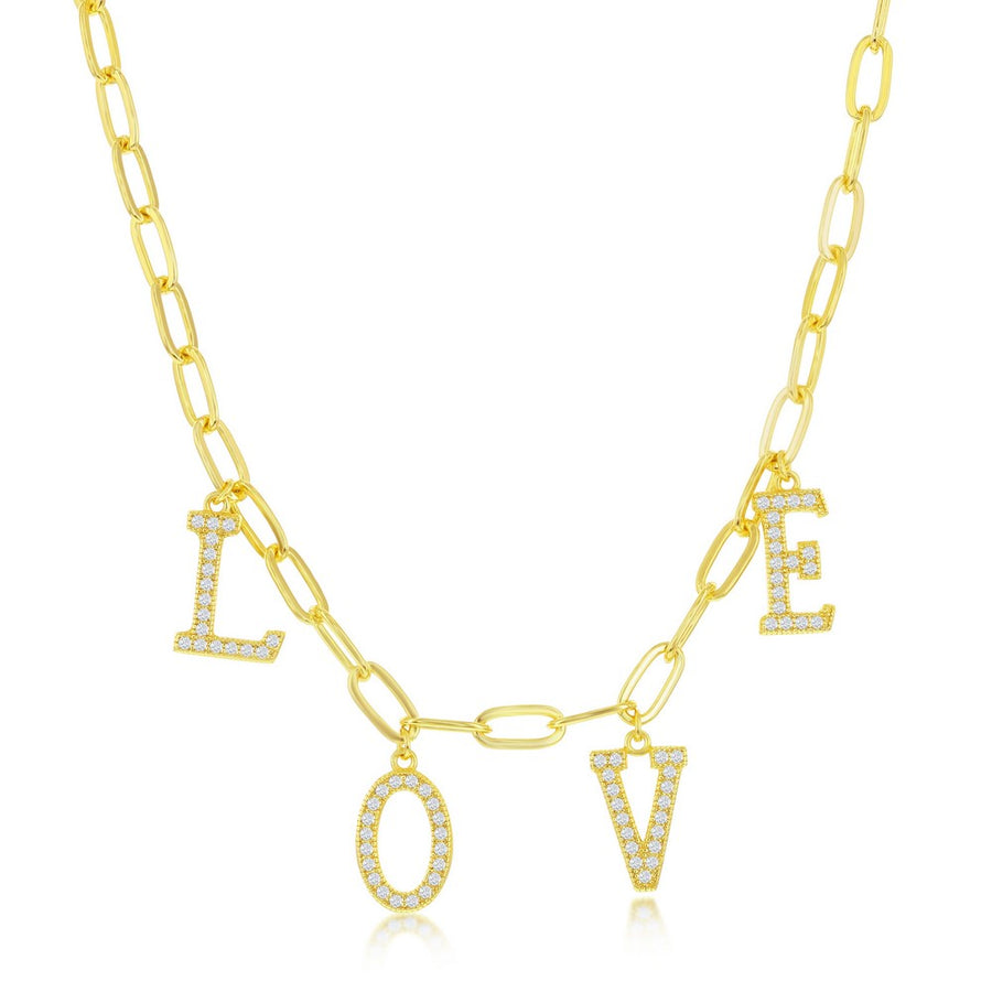 Sterling Silver CZ 'LOVE' Paperclip Necklace - Gold Plated