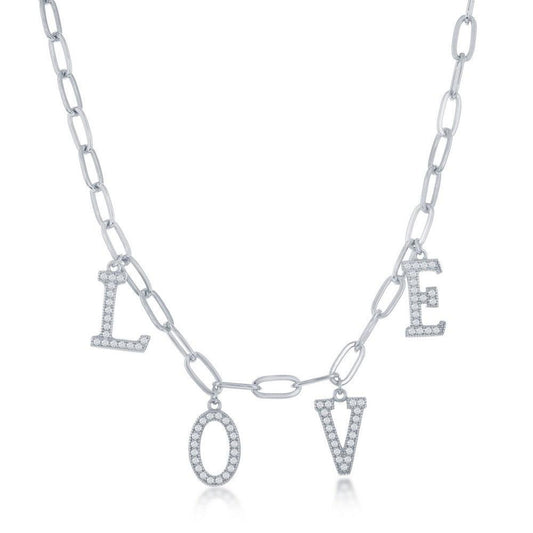 Sterling Silver CZ 'LOVE' Paperclip Necklace - Johnny Dang & Co