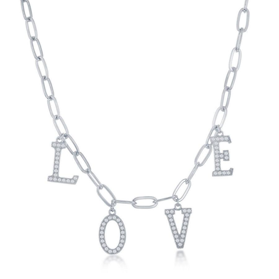 Sterling Silver CZ 'LOVE' Paperclip Necklace