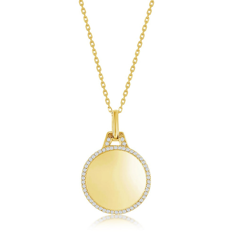 Sterling Silver Polished Circle w/CZ Border Necklace - Gold Plated