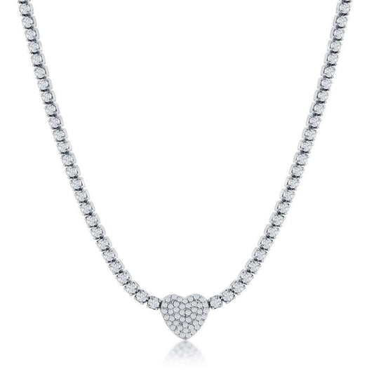 Sterling Silver Heart CZ Tennis Necklace - Johnny Dang & Co