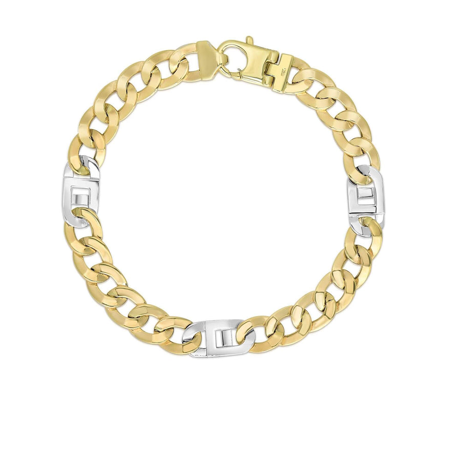 14kt 8.5 inches Yellow+White Gold 7mm Diamond Cut+Shiny 6+1 Curb-Mariner Link Fancy Bracelet with Lobster C lasp