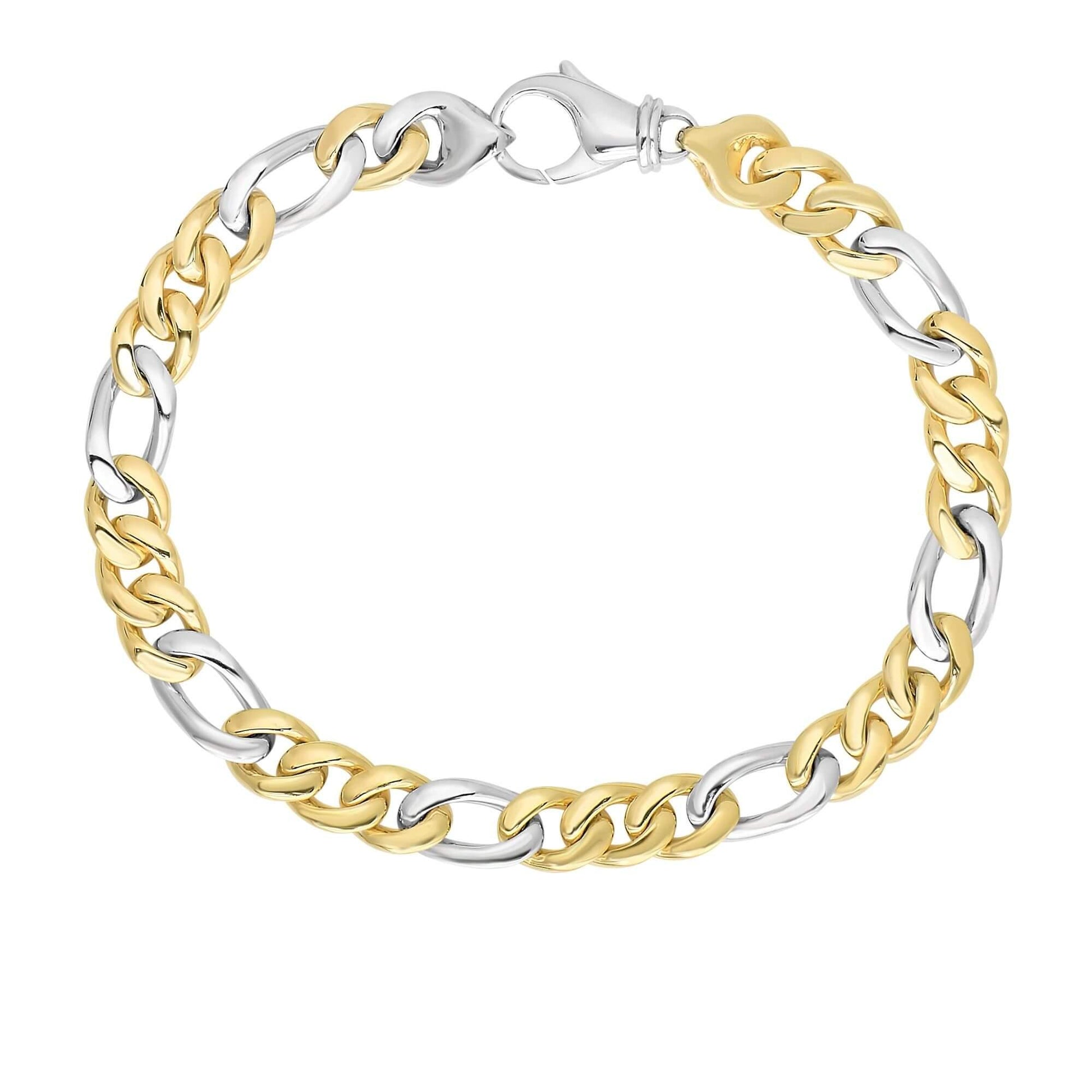 14kt 8.5 inches Yellow+White Gold 6mm Soft Faceted+Shiny Figaro Style Bracelet with Lobster Clasp (Actual sample in Silver ) - Johnny Dang & Co