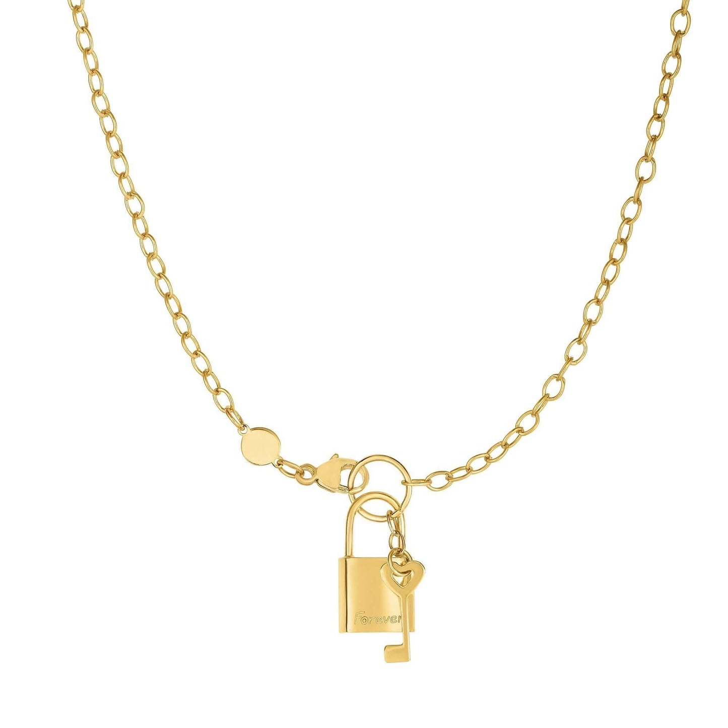 14kt Gold 18 inches Yellow Finish Chain:3+Element:9x18mm Shiny Lock+Key Necklace with Lobster Clasp - Johnny Dang & Co