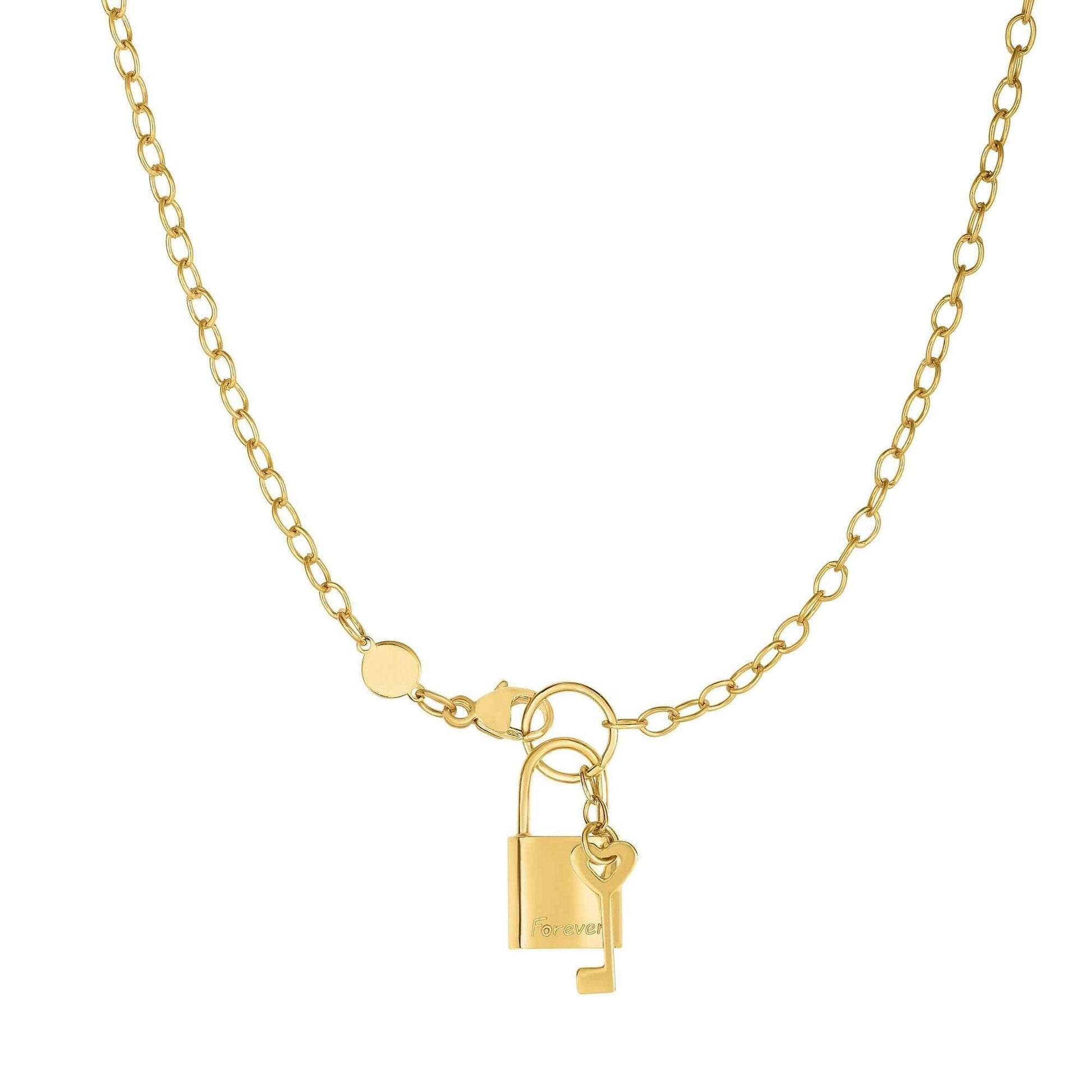 14kt Gold 18 inches Yellow Finish Chain:3+Element:9x18mm Shiny Lock+Key Necklace with Lobster Clasp - Johnny Dang & Co