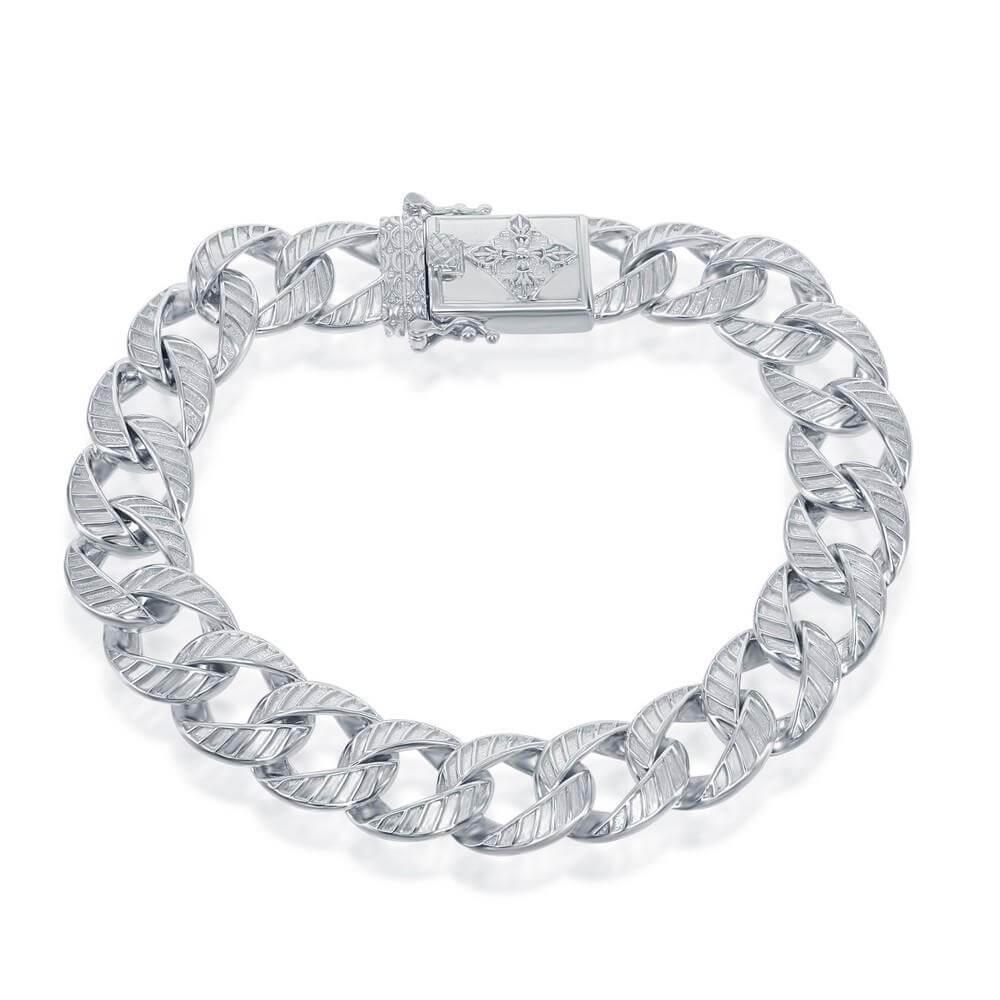 Sterling Silver 12mm Designed Cuban Bracelet - Cross - Johnny Dang & Co