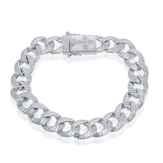 Sterling Silver 12mm Designed Cuban Bracelet - Cross - Johnny Dang & Co