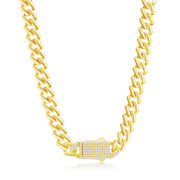 Sterling Silver 9mm Monaco Chain With Micro Pave CZ Lock - Gold Plated - Johnny Dang & Co
