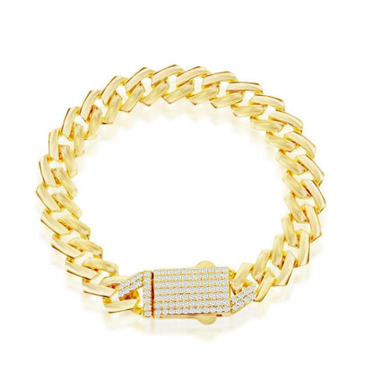 Bracelets Italian Sterling Silver 9mm Monaco Chain With Micro Pave CZ Lock - Gold Plated - Johnny Dang & Co