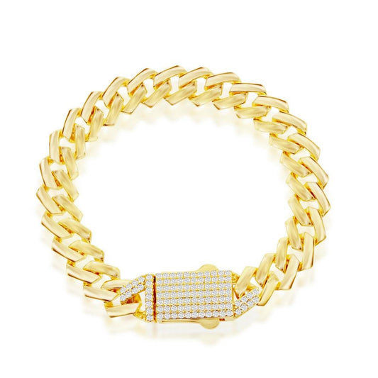 Bracelets Sterling Silver 9mm Monaco Chain w/Micro Pave CZ Lock - Gold Plated - Johnny Dang & Co