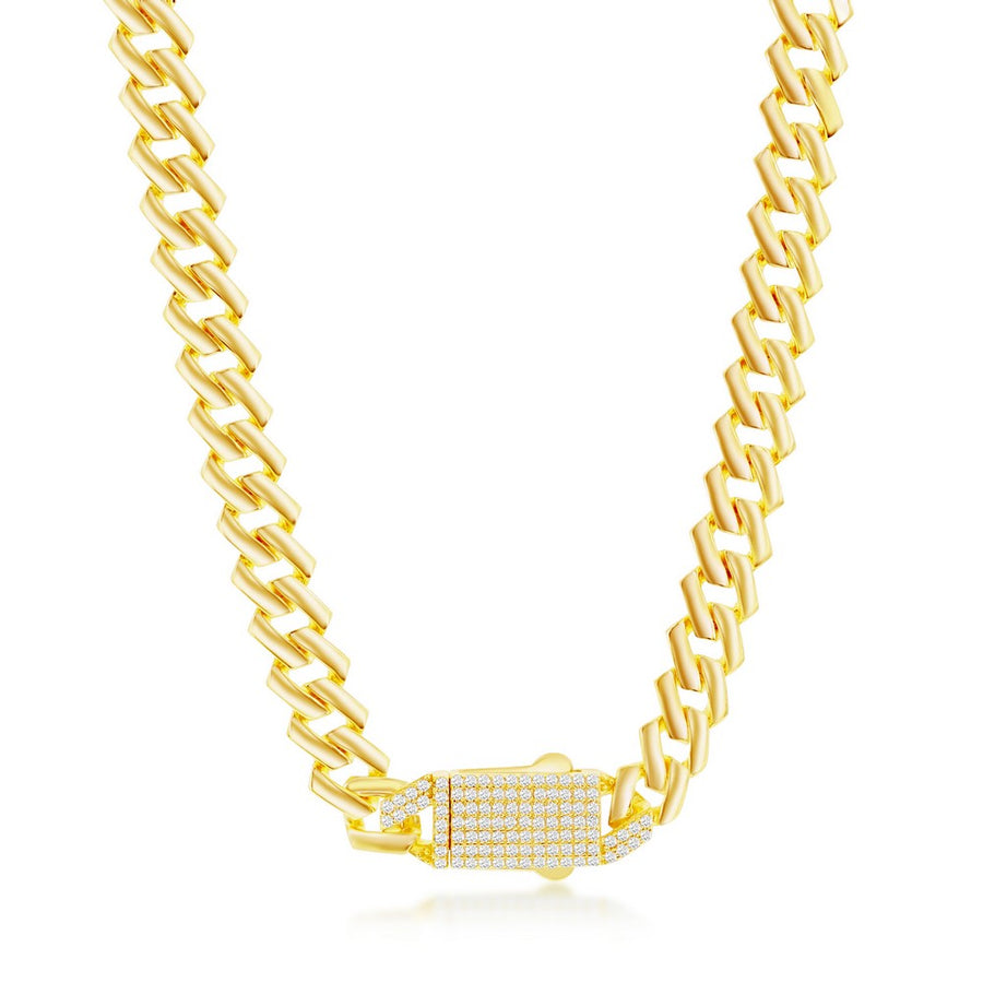 Sterling Silver 9mm Monaco Chain w/Micro Pave CZ Lock - Gold Plated