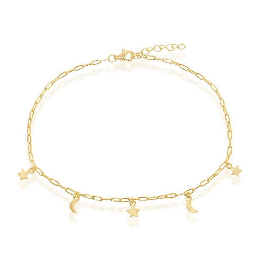 Sterling Silver Moon & Star Charms Paperclip Anklet - Gold Plated - Johnny Dang & Co