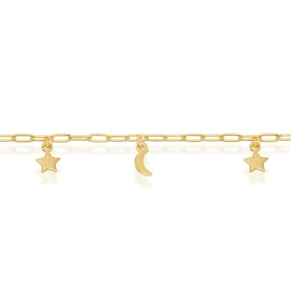 Sterling Silver Moon & Star Charms Paperclip Anklet - Gold Plated - Johnny Dang & Co