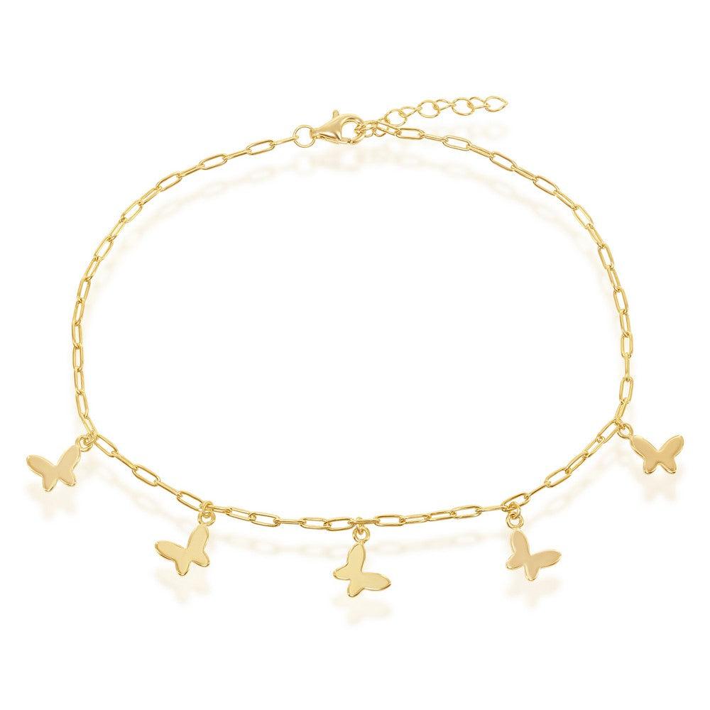 Sterling Silver Butterfly Charms Paperclip Anklet - Gold Plated - Johnny Dang & Co