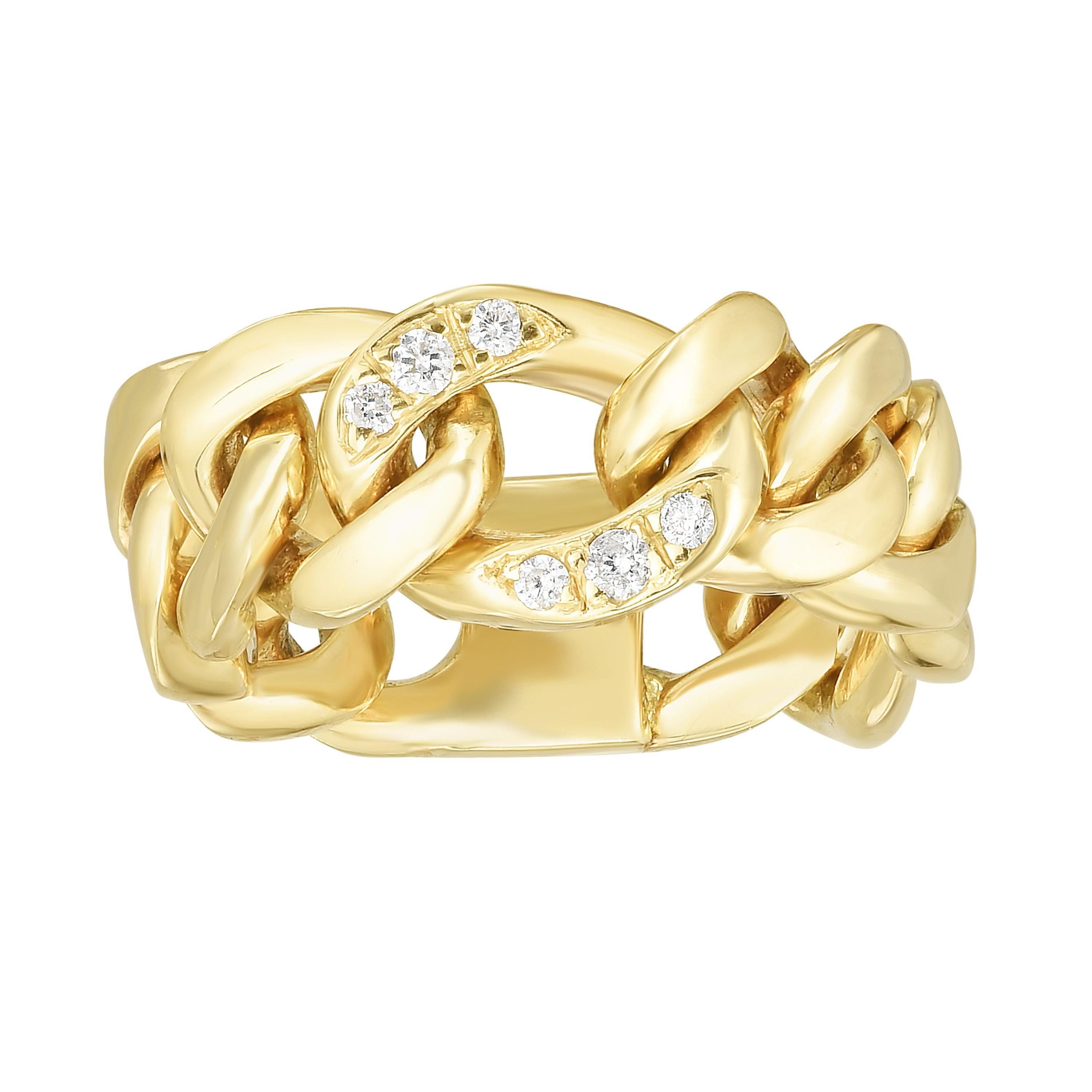 14kt Gold Size-7 Yellow Finish 7.8x2.5mm Diamond Cut Link Ring with 0.0600ct 1.3mm White Diamond - Johnny Dang & Co