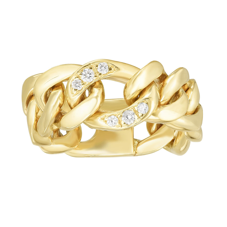 14kt Gold Size-7 Yellow Finish 7.8x2.5mm Diamond Cut Link Ring  with 0.0600ct 1.3mm White Diamond