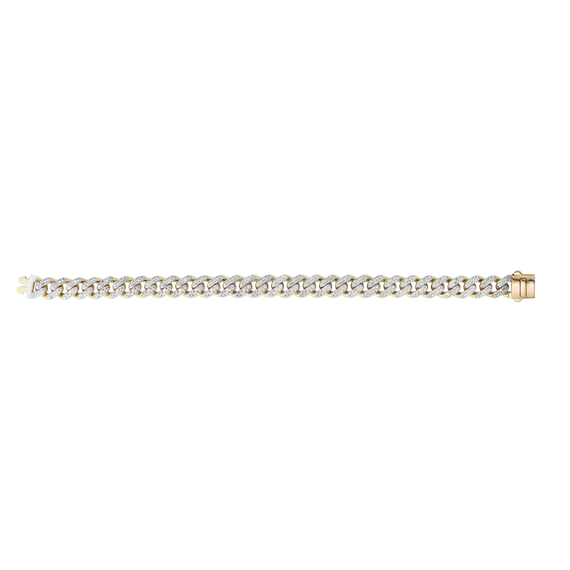 14kt Gold 8 inches Yellow Finish 9.5mm White Pave Curb Link Bracelet with Box Clasp + 1.0200ct 1.1mm White Diamond - Johnny Dang & Co