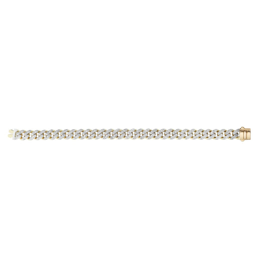 14kt Gold 8 inches Yellow Finish 9.5mm White Pave Curb Link Bracelet with Box Clasp + 1.0200ct 1.1mm White Diamond - Johnny Dang & Co