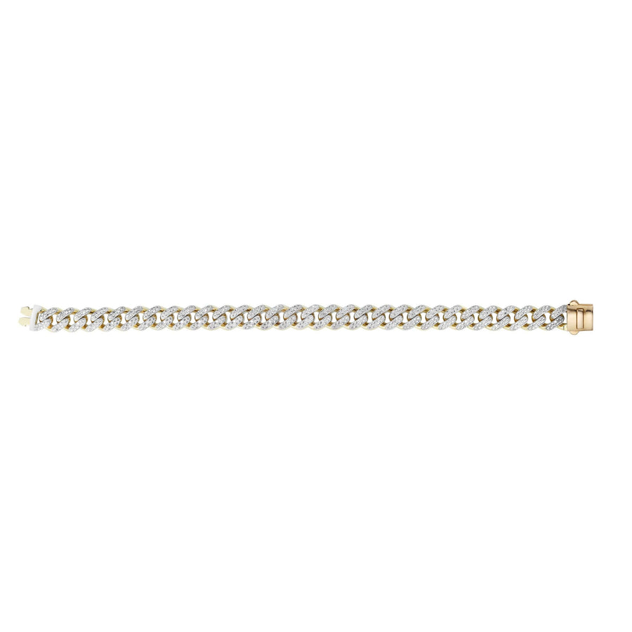14kt Gold 8 inches Yellow Finish 9.5mm White Pave Curb Link Bracelet with Box Clasp + 1.0200ct 1.1mm White Diamond