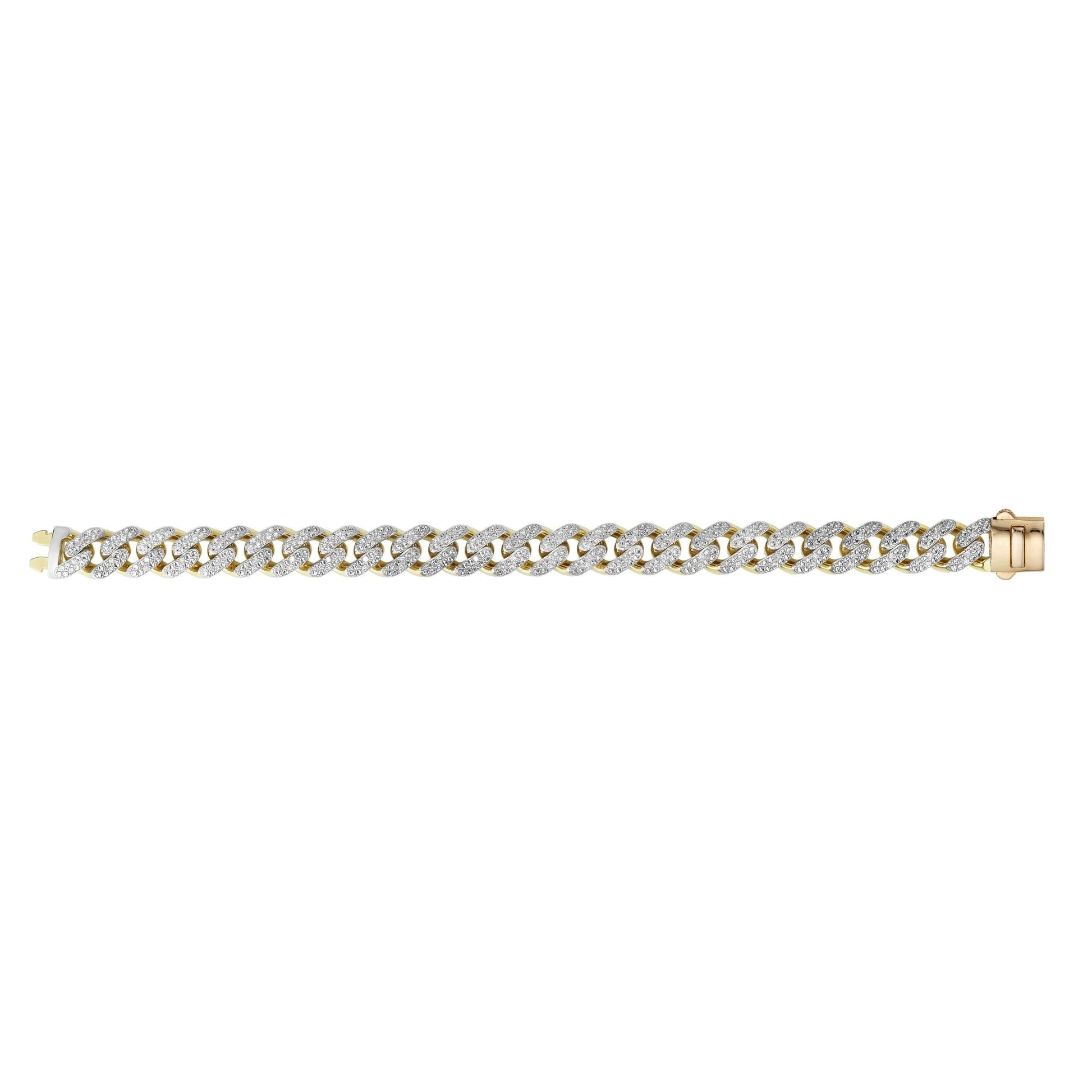14kt Gold 8.25 inches Yellow Finish 11.5mm White Pave Curb Link Bracelet with Box Clasp with 1.1000ct 1.35mm White Diamond - Johnny Dang & Co