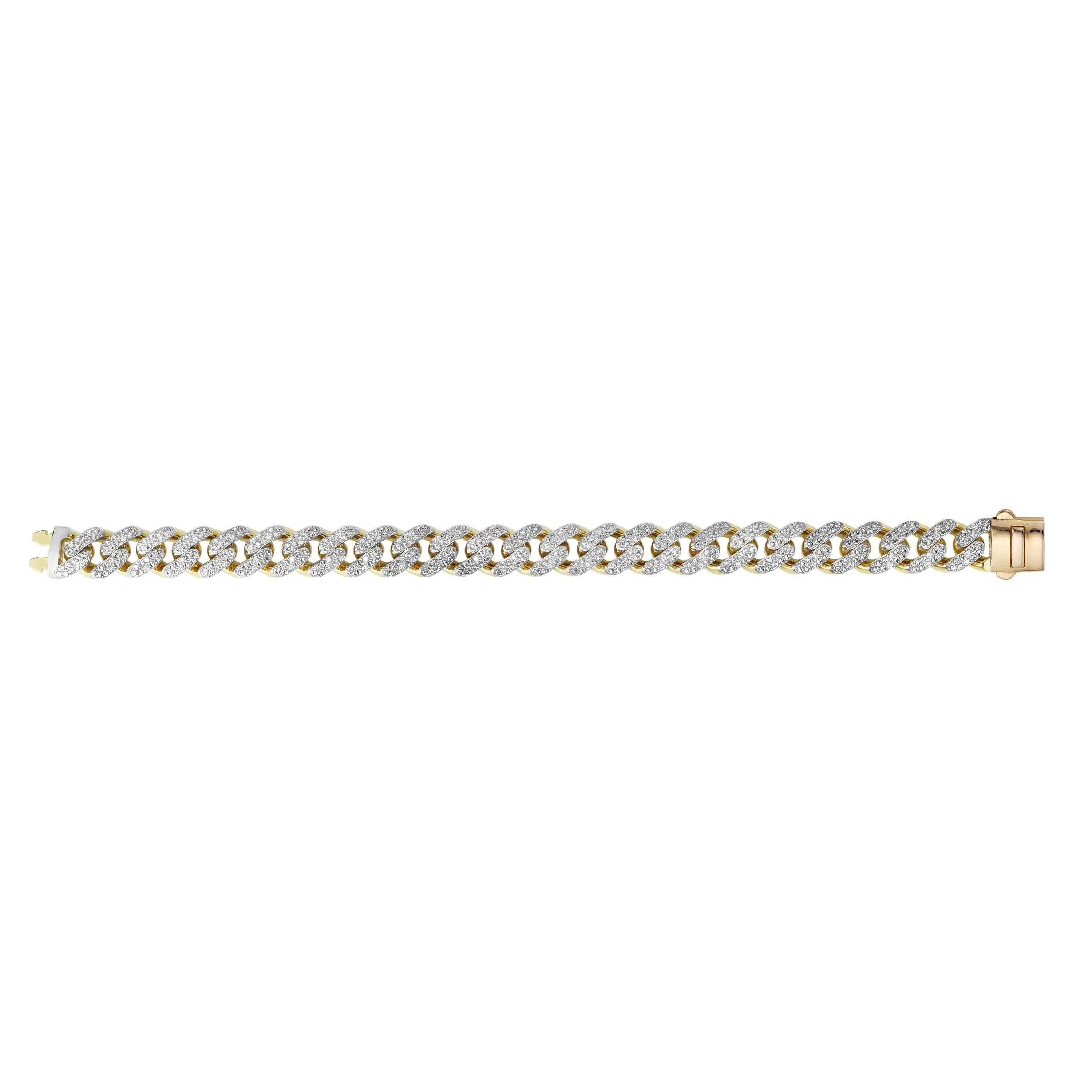 14kt Gold 8.25 inches Yellow Finish 11.5mm White Pave Curb Link Bracelet with Box Clasp with 1.1000ct 1.35mm White Diamond - Johnny Dang & Co