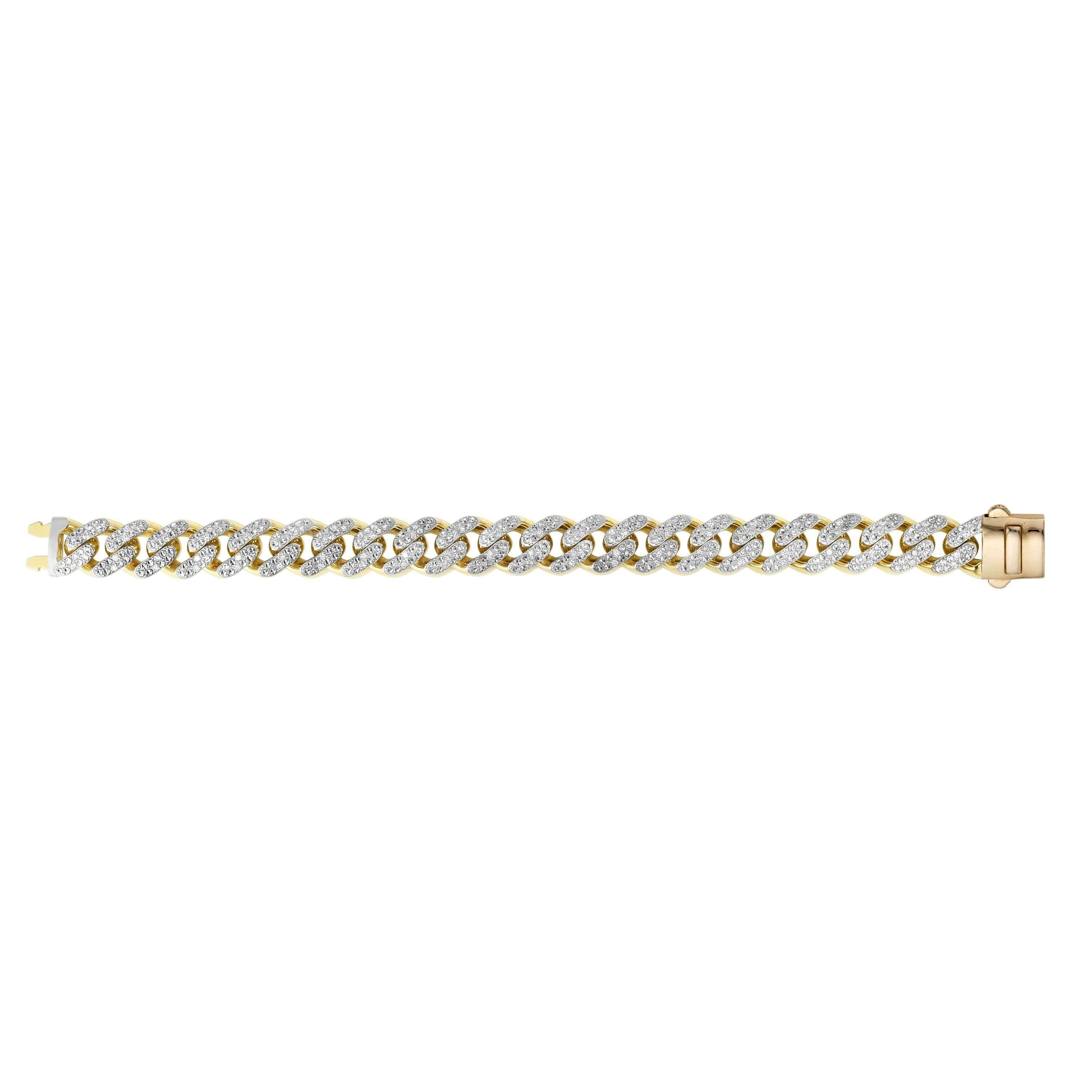 14kt Gold 8.5 inches Yellow Finish 13.5mm White Pave Curb Link Bracelet with Box Clasp + 1.4100ct 1.6mm White Diamond - Johnny Dang & Co