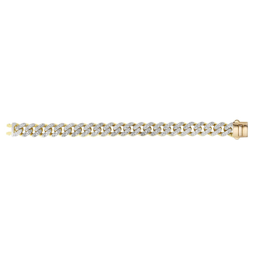 14kt Gold 8.5 inches Yellow Finish 13.5mm White Pave Curb Link Bracelet with Box Clasp + 1.4100ct 1.6mm White Diamond - Johnny Dang & Co