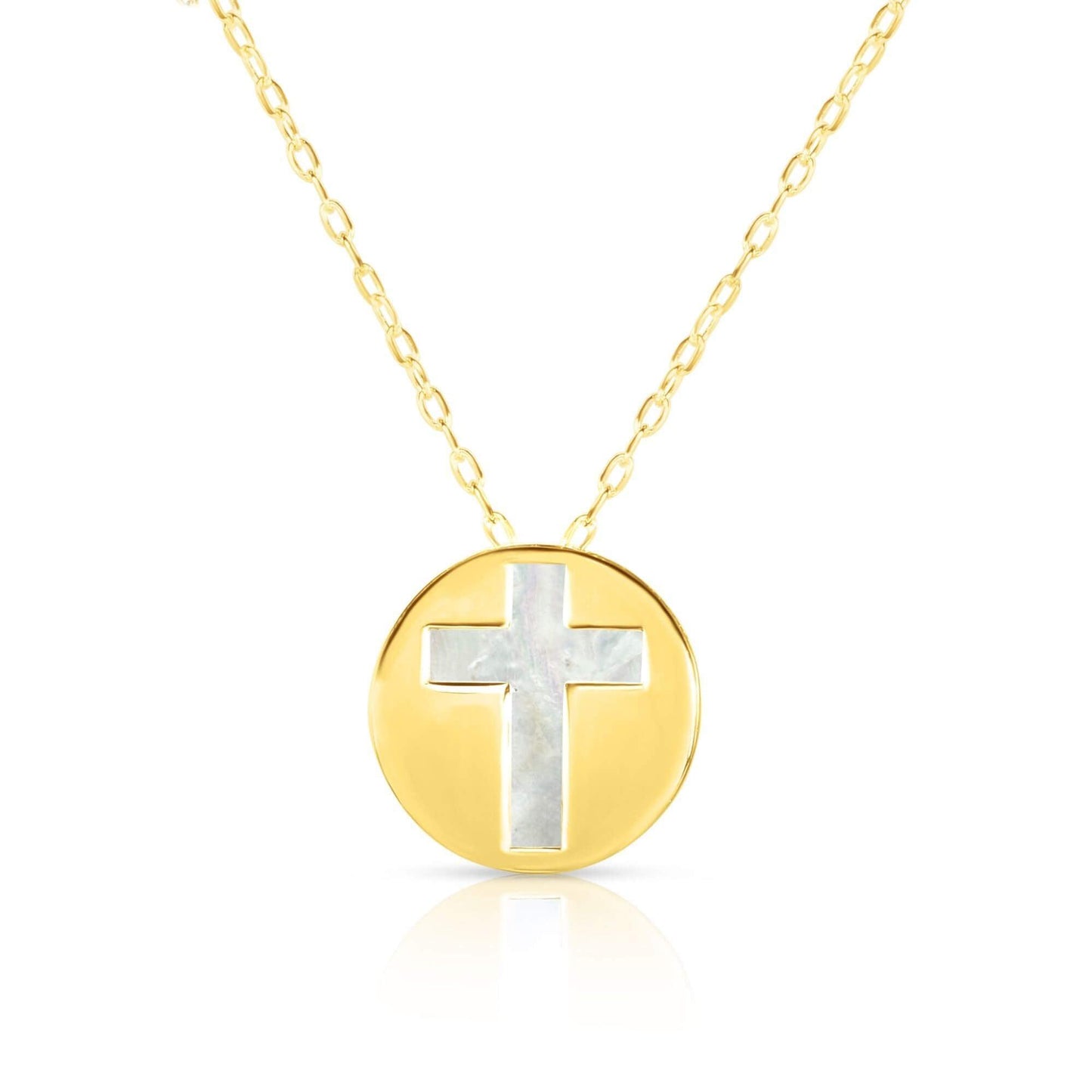 14kt Gold 16 inches Yellow Finish Chain:0.8mm+Center Round Pendant:11mm Shiny Fancy Necklace with 1 inches Extender Spring Ring Clasp with Mother of Pearl Cross - Johnny Dang & Co