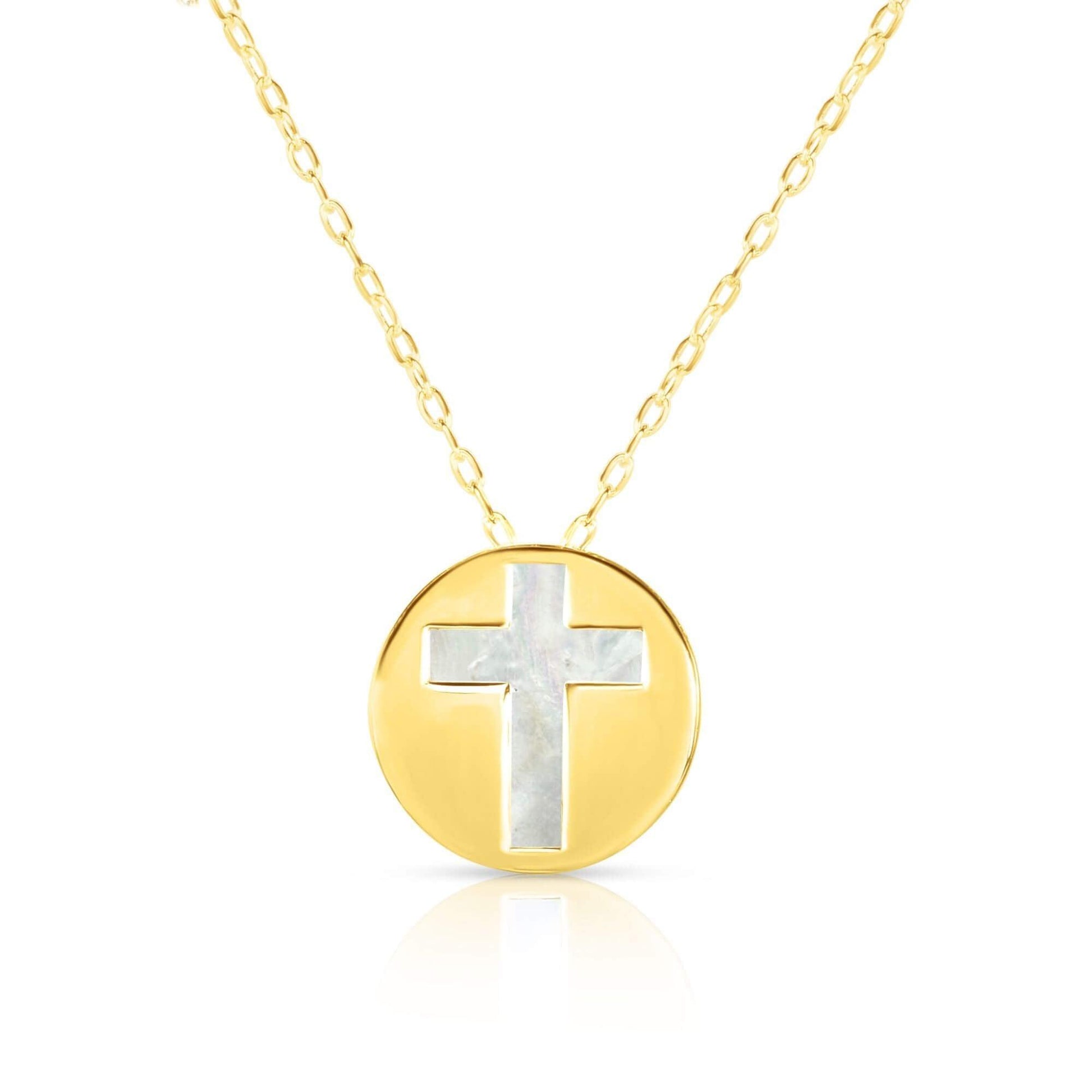 14kt Gold 16 inches Yellow Finish Chain:0.8mm+Center Round Pendant:11mm Shiny Fancy Necklace with 1 inches Extender Spring Ring Clasp with Mother of Pearl Cross - Johnny Dang & Co