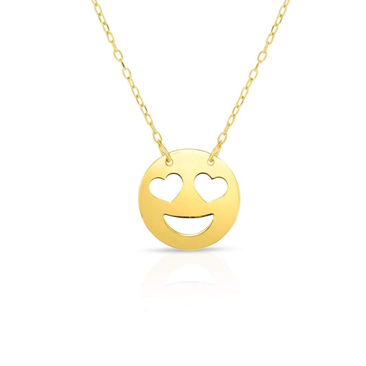 14kt Gold 16 inches Yellow Finish Chain:0.8mm+Center Round Pendant:11mm Shiny Fancy Heart Shaped Eyes Roymoji Necklace with 1 inches Extender Spring Ring Clasp - Johnny Dang & Co