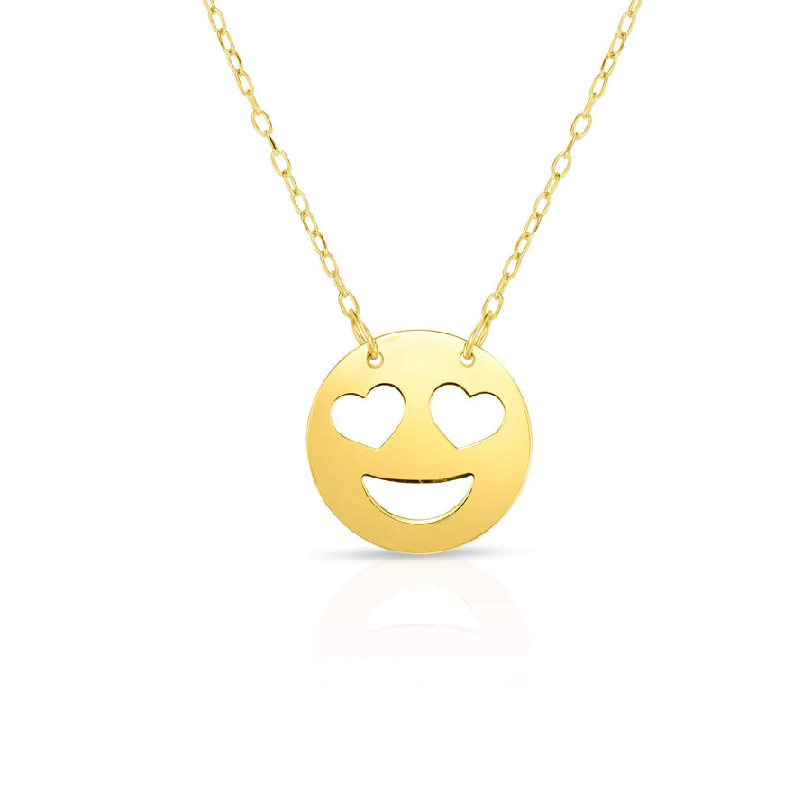 14kt Gold 16 inches Yellow Finish Chain:0.8mm+Center Round Pendant:11mm Shiny Fancy Heart Shaped Eyes Roymoji Necklace with 1 inches Extender Spring Ring Clasp