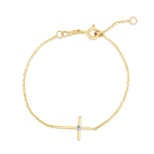 14K Gold CZ Side Cross Bracelet 5.5" - Johnny Dang & Co