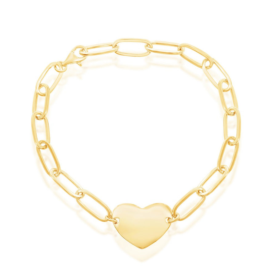 Sterling Silver Polished Heart Paperclip Bracelet - Gold Plated