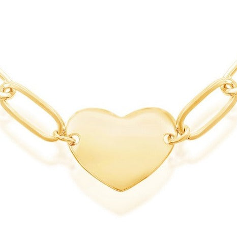 Sterling Silver Polished Heart Paperclip Bracelet - Gold Plated